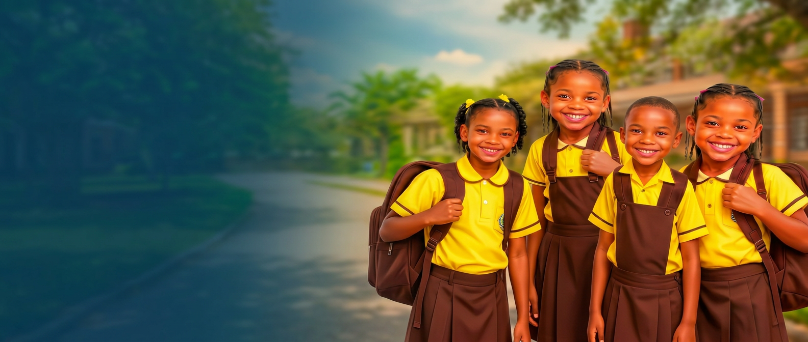 Quatre enfants souriants en tenue scolaire jaune devant un cadre verdoyant, illustration Saint-Jean